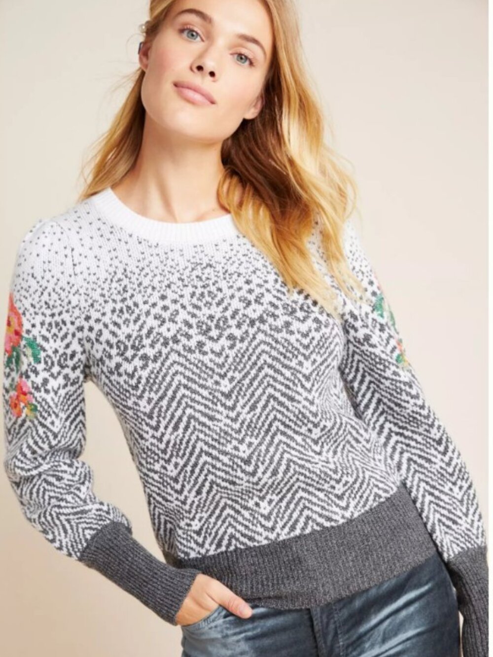 Anthropologie Karolina Floral Embroidered Wool Blend Sweater Petite S - Picture 4 of 12